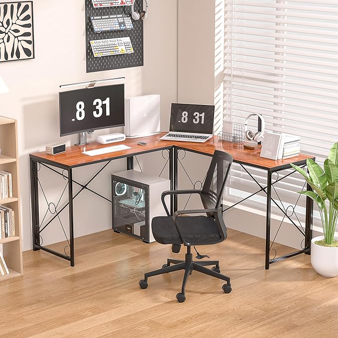 VECELO 59"x59" L Shaped Desk for Computer Gaming Multi-Usage Long 2 Person Table for Home Office Sturdy Writing Workstation, Easy Assembly/Saving Space, Rustic Brown - LeafyLoom
