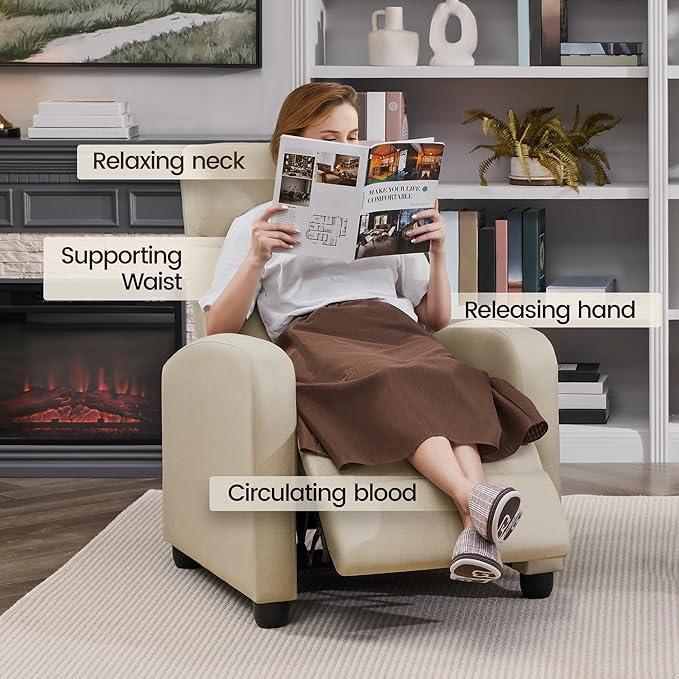 Yaheetech Modern Fabric Recliner Chair Sofa Adjustable Single Sofa with Thicker Seat Cushion and Backrest for Living Room Home Theater, Beige - LeafyLoom