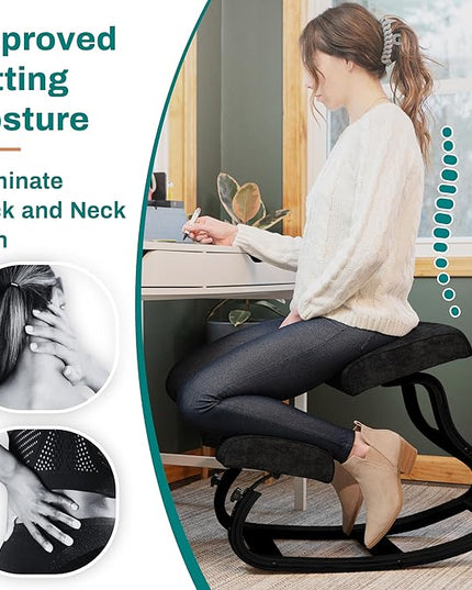 Ergonomic Kneeling Chair - A Rocking Knee Chair and Wooden Desk Chair designed for Home Office comfort and Posture support, Offering Back Pain Relief - Total Black Velvet - LeafyLoom