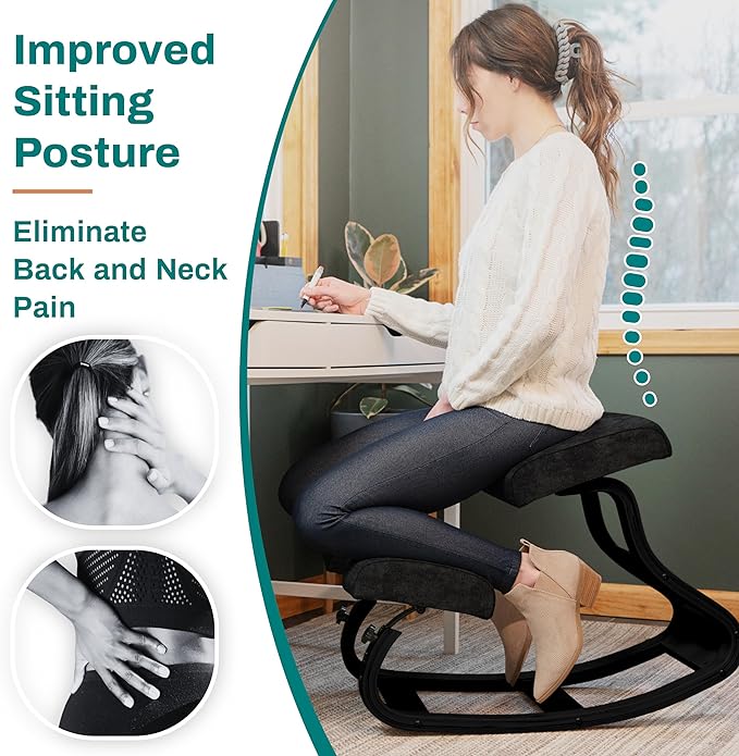 Ergonomic Kneeling Chair - A Rocking Knee Chair and Wooden Desk Chair designed for Home Office comfort and Posture support, Offering Back Pain Relief - Total Black Velvet - LeafyLoom
