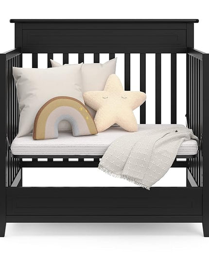 Storkcraft Petal 4-in-1 Convertible Mini Crib (Black) – GREENGUARD Gold Certified, Converts to Daybed and Twin-Size Bed, includes Bonus 2.75-inch Mini Crib Mattress - LeafyLoom