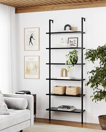 Nathan James Theo 6-Shelf Tall Bookcase, Wall Mount Bookshelf Wood Shelves and Metal Frame, Matte Black - LeafyLoom