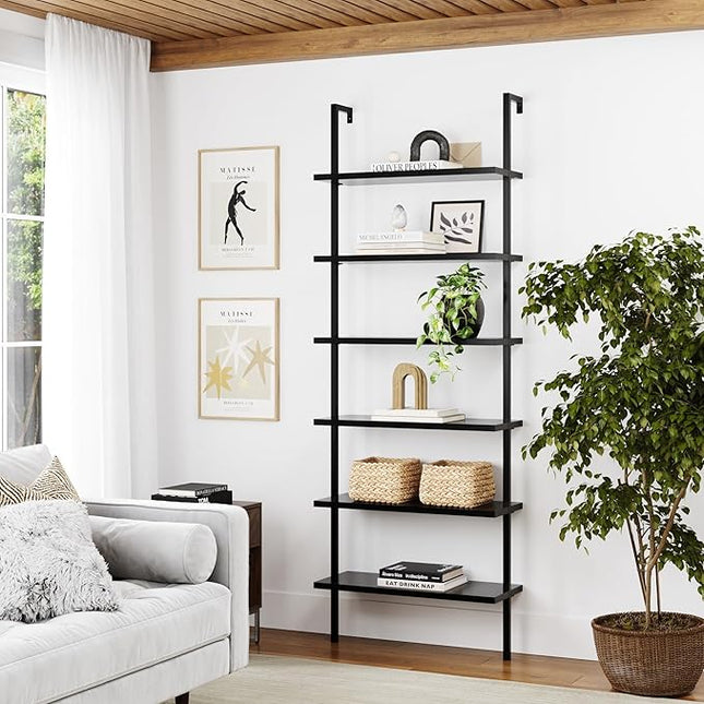 Nathan James Theo 6-Shelf Tall Bookcase, Wall Mount Bookshelf Wood Shelves and Metal Frame, Matte Black - LeafyLoom
