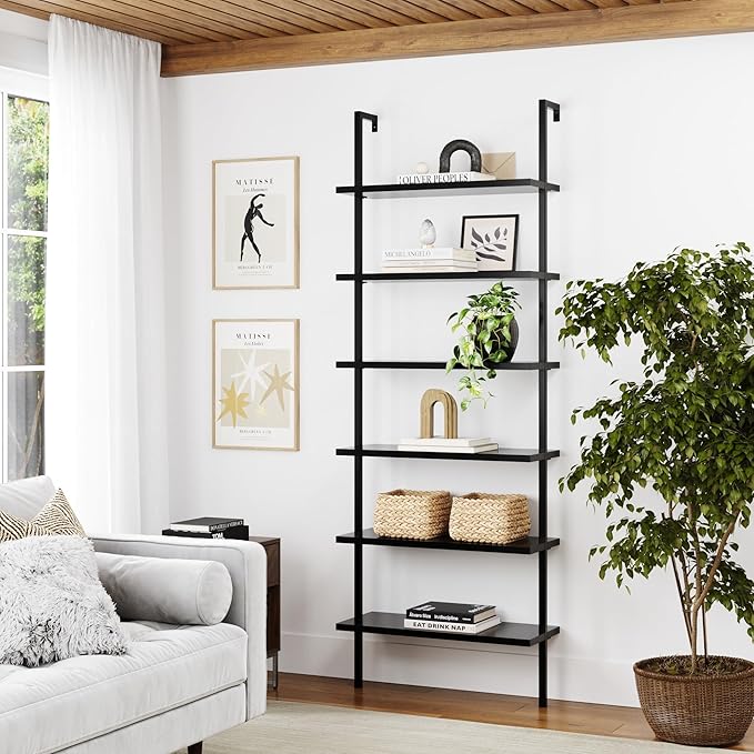 Nathan James Theo 6-Shelf Tall Bookcase, Wall Mount Bookshelf Wood Shelves and Metal Frame, Matte Black - LeafyLoom