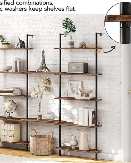 HOOBRO DIY Ladder Shelf, 6-Tier Wall Mounted Bookshelf, Office Vertical Bookcase, Wooden Storage Shelves for Home Office, Bedroom, Rustic Brown and Black BF65CJ01 - LeafyLoom