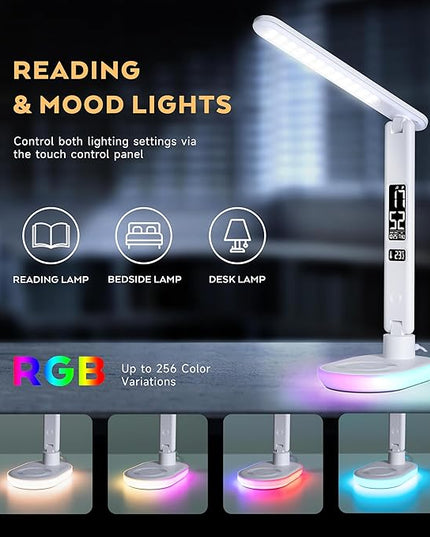 Led Desk Lamp with Charger: Office Table Lamps with USB Wireless Charging for Home Reading - Desk Lights with Clock for College - LeafyLoom