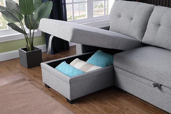 82" Sectional Sofa, L Shaped Sleeper of Convertible Lounge, Pull Out Couch Bed and Storage Chaise for Home Living Room Apartment Dorm, 82inch, Light Gray - LeafyLoom
