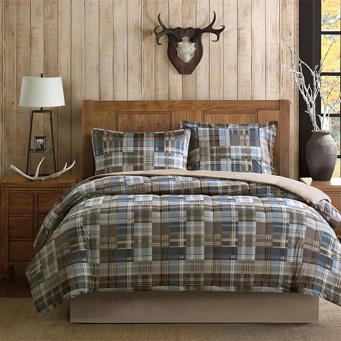 Woolrich Comforter Set, Cabin Lodge, Warm Cover for Colder Season, Modern Cottage-Inspired Down Alternative Ultra Soft Microfiber Bedding, Matching Sham, Plaid Grey/Blue Twin 2 Piece - LeafyLoom
