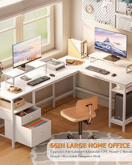 Furologee White 66" L Shaped Desk with Shelves, Reversible Corner Computer Desk with File Drawer & Dual Monitor Stand, Large Home Office Desk Writing Study Gaming Table Workstation - LeafyLoom