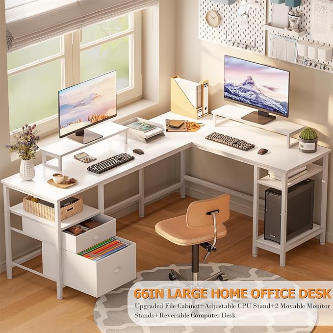 Furologee White 66" L Shaped Desk with Shelves, Reversible Corner Computer Desk with File Drawer & Dual Monitor Stand, Large Home Office Desk Writing Study Gaming Table Workstation - LeafyLoom
