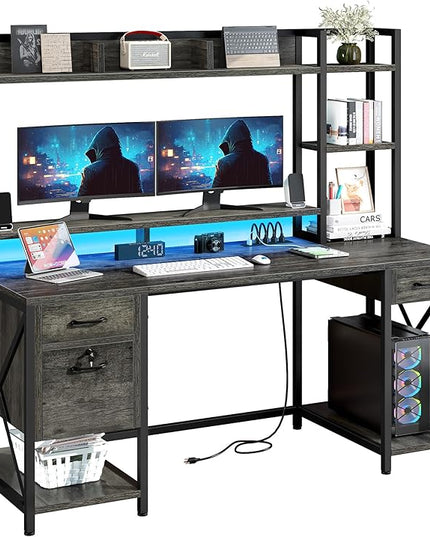 YITAHOME Computer Desk with Drawers & Power Outlets, File Drawers with Lock, 59" Home Office Desk with Storage Shelves & Monitor Stand, Gaming Desk with LED Lights & Hutch, Grey - LeafyLoom