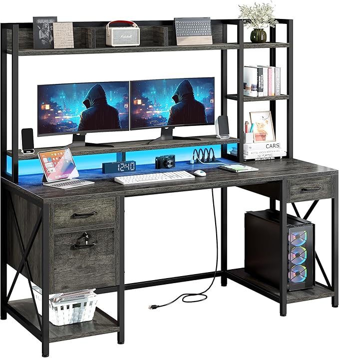 YITAHOME Computer Desk with Drawers & Power Outlets, File Drawers with Lock, 59" Home Office Desk with Storage Shelves & Monitor Stand, Gaming Desk with LED Lights & Hutch, Grey - LeafyLoom