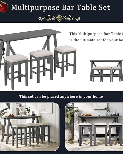 Multipurpose Table Dining Set with 3 Upholstered Stools, Easy to Assemble, Weight Capacity 350 LBS, for Living, Guest Room, Home Bar, Kitchen, Gray, 4-Piece, Gary - LeafyLoom