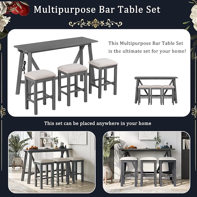 NicBex Kitchen Table Chairs Set of 4 Dining Table Set Multipurpose Home Kitchen Dining Bar Table Set with 3 Upholstered Stools for Home & Kitchen Dining Room, Gray - LeafyLoom