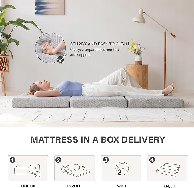 Tri-Fold Memory Foam Mattress, 4 inch Queen Folding Mattress with Collapsible and Washable Cover, Travel and Guest Mat, 80"×60"×4", Grey - LeafyLoom