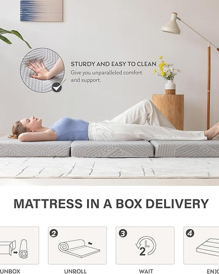Tri-Fold Memory Foam Mattress, 4 inch Twin XL Folding Mattress with Collapsible and Washable Cover, Travel and Guest Mat, 80"×38"×4", Grey - LeafyLoom