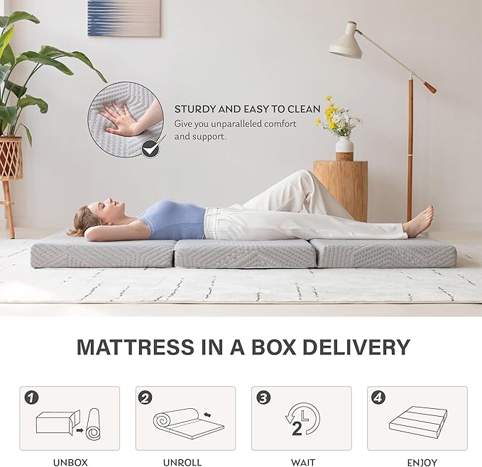 Tri-Fold Memory Foam Mattress, 4 inch Twin XL Folding Mattress with Collapsible and Washable Cover, Travel and Guest Mat, 80"×38"×4", Grey - LeafyLoom