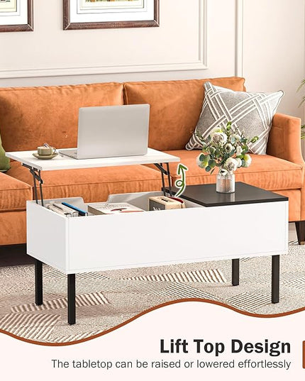 Lift Top Coffee Table with Storage, Black and White Modern Coffee Table for Living Room & Small Space, Wood Lifting Top Coffee Table with Adjustable Metal Legs, Open Shelf - LeafyLoom