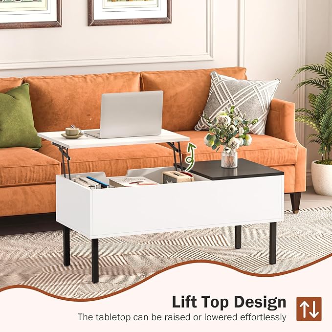Lift Top Coffee Table with Storage, Black and White Modern Coffee Table for Living Room & Small Space, Wood Lifting Top Coffee Table with Adjustable Metal Legs, Open Shelf - LeafyLoom
