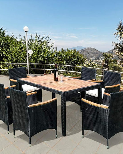 7-Piece Outdoor Dining Table Set with Acacia Wood TableTop and 6 Chairs, Rattan Wicker Patio Furniture for Garden Backyard Poolside, Onesize, Black - LeafyLoom