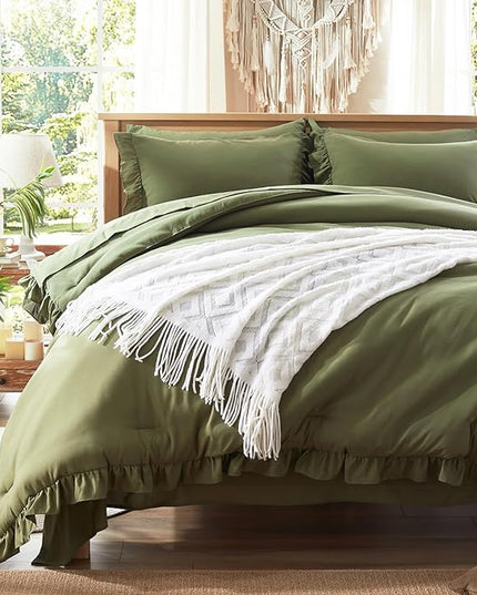 Anluoer Queen Comforter Set 7 Piece, Olive Green Bed in a Bag with Sheets, All Season Ruffle Shabby Chic Bedding Sets with 1 Comforter, 2 Pillow Shams, 2 Pillowcases, 1 Flat Sheet, 1 Fitted Sheet - LeafyLoom