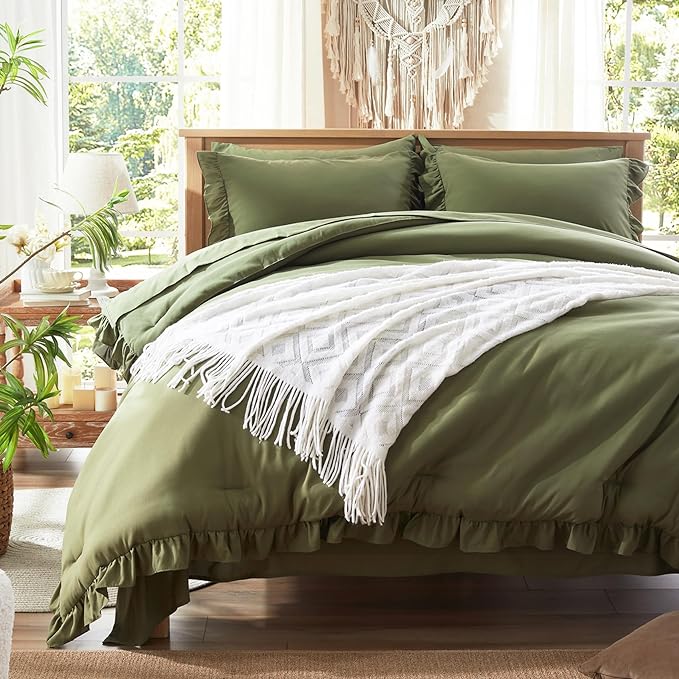 Anluoer Queen Comforter Set 7 Piece, Olive Green Bed in a Bag with Sheets, All Season Ruffle Shabby Chic Bedding Sets with 1 Comforter, 2 Pillow Shams, 2 Pillowcases, 1 Flat Sheet, 1 Fitted Sheet - LeafyLoom