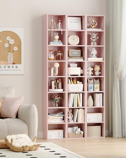 FOTOSOK 8-Tier Media Tower Rack, 11.6 X 9.3 X 70.9 Inches CD DVD Slim Storage Cabinet with Adjustable Shelves, Tall Narrow Bookcase Display Bookshelf for Home Office, Pink - LeafyLoom