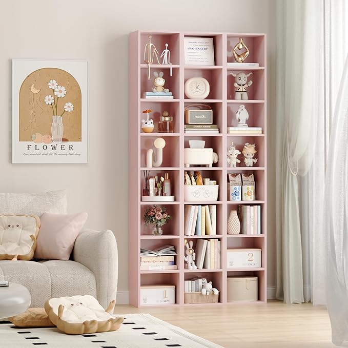 FOTOSOK 8-Tier Media Tower Rack, 11.6 X 9.3 X 70.9 Inches CD DVD Slim Storage Cabinet with Adjustable Shelves, Tall Narrow Bookcase Display Bookshelf for Home Office, Pink - LeafyLoom