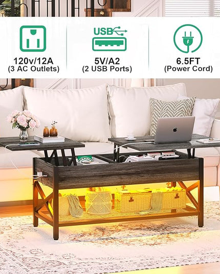 Coffee Table, Lift Top Coffee Table with Storage, LED Light & Power Outlet and Hidden Compartment, Retro Center Table for Living Room, X Support Wood Tabletop, Metal Frame, Black Oak - LeafyLoom