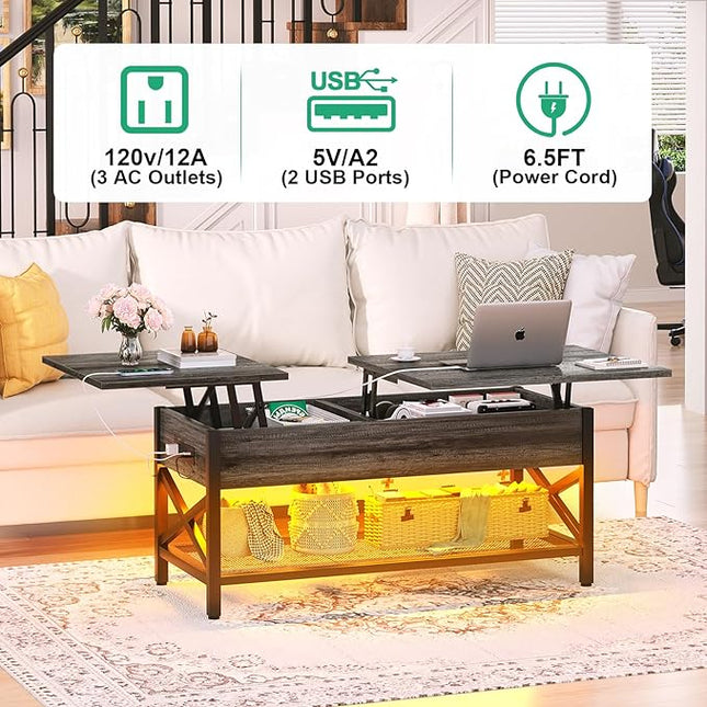 Coffee Table, Lift Top Coffee Table with Storage, LED Light & Power Outlet and Hidden Compartment, Retro Center Table for Living Room, X Support Wood Tabletop, Metal Frame, Black Oak - LeafyLoom