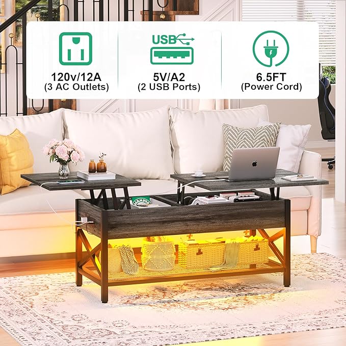 Coffee Table, Lift Top Coffee Table with Storage, LED Light & Power Outlet and Hidden Compartment, Retro Center Table for Living Room, X Support Wood Tabletop, Metal Frame, Black Oak - LeafyLoom