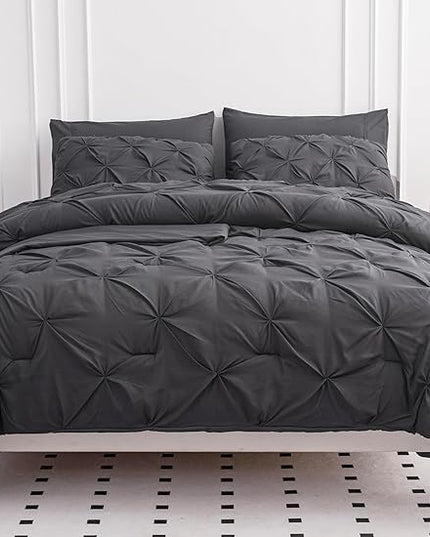 LANE LINEN King Size Comforter Set with Sheets, Pillowcases & Shams, 7 Piece Bed in a Bag Set King Size, Pintuck King Bed Comforter Set, Soft King Bedding Set, Pinch Pleated King Size Bed Set - Grey - LeafyLoom