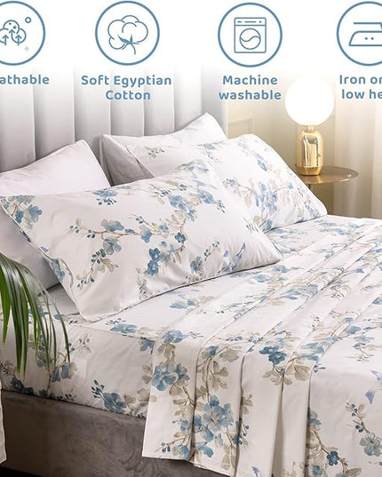 QSH Floral Queen Size Sheet Sets - Elegant Bird Tree Branch Blossom Printed Bedding 100% Egyptian Cotton Sheets Queen Size Deep Pockets 17.5" Extra Soft and Breathable 4pcs - LeafyLoom