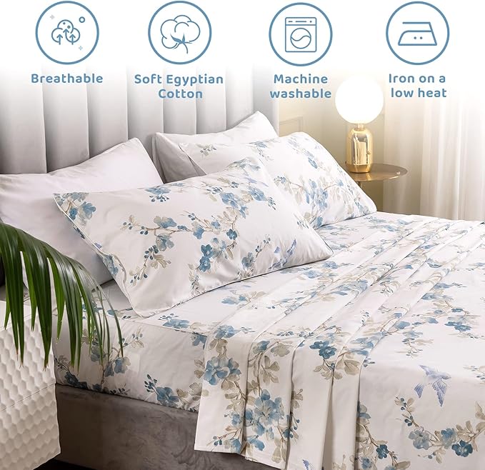 QSH Floral Queen Size Sheet Sets - Elegant Bird Tree Branch Blossom Printed Bedding 100% Egyptian Cotton Sheets Queen Size Deep Pockets 17.5" Extra Soft and Breathable 4pcs - LeafyLoom