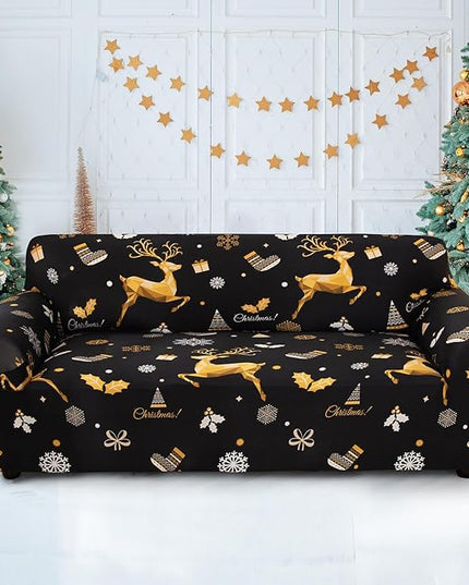 Mybedsoul Christmas Printed Black Sofa Cover Reindeer Printed Elastic Couch Cover Machine Washable Christmas Theme Red Sofa Slipcover for Living Room(3 Seater/Loveseat) Mybedsoul