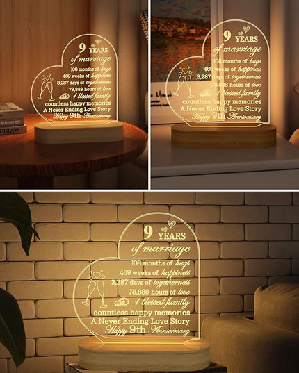FULLOSUN Anniversary Wedding Gifts for Him/Her, I Love You Night Light 3D Illusion Lamp for Couple Wife Husband Romantic Valentines Wedding Day Present (9th) - LeafyLoom