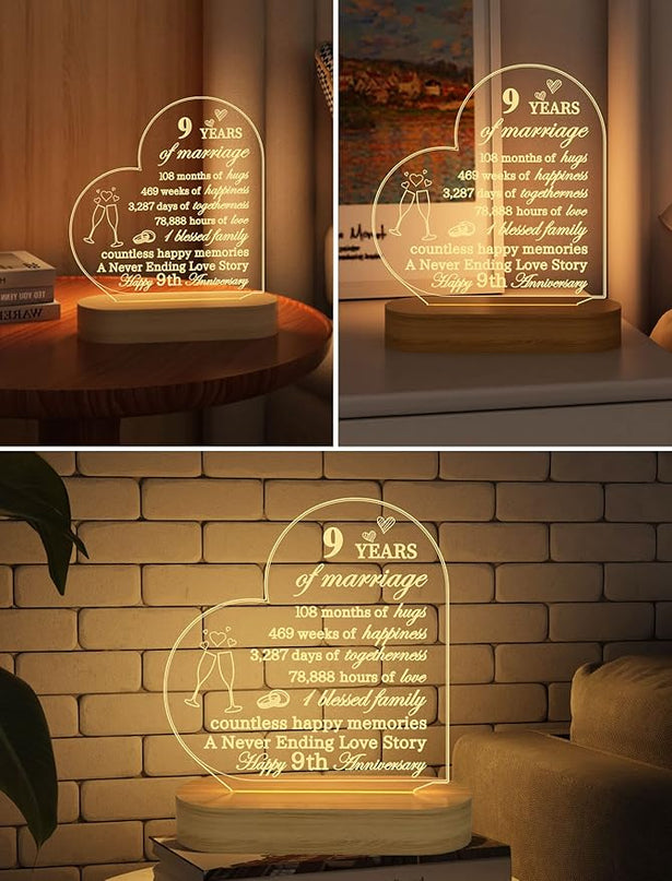 FULLOSUN Anniversary Wedding Gifts for Him/Her, I Love You Night Light 3D Illusion Lamp for Couple Wife Husband Romantic Valentines Wedding Day Present (9th) - LeafyLoom