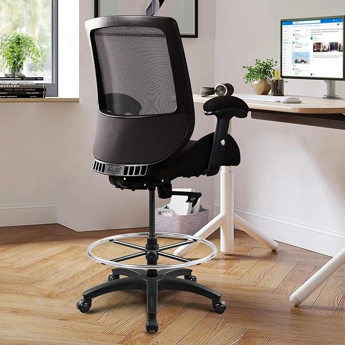 BOLISS Big and Tall 400lbs Mesh Ergonomic Drafting Chair,Tall Office Chair, Standing Desk Chair,Height Adjustable Armrest,Lumbar Support,Foot Ring,Swivel Computer Task Chair-Black - LeafyLoom