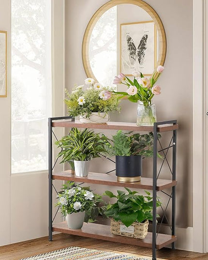 Industrial Bookshelf,Rustic Open Shelf Bookcase,3 Tier Book Shelf for Bedroom Office Living Room,Small Bookshelf for Small Spaces with Metal Frame - LeafyLoom