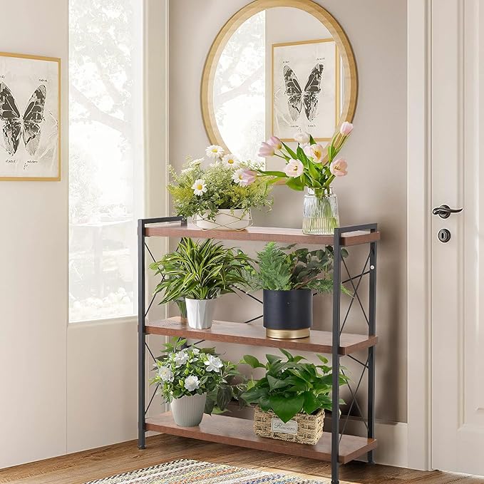 Industrial Bookshelf,Rustic Open Shelf Bookcase,3 Tier Book Shelf for Bedroom Office Living Room,Small Bookshelf for Small Spaces with Metal Frame - LeafyLoom