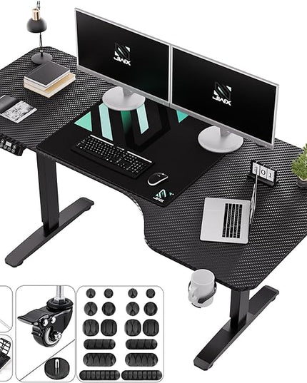 Standing Adjustable Desk, 63 inches L Shaped Electric Standing Gaming Desk with Locking Wheels, Cup Holder, Headphone Hook, Cable Manager, Mouse pad, Carbon Fiber Textured Pane - LeafyLoom
