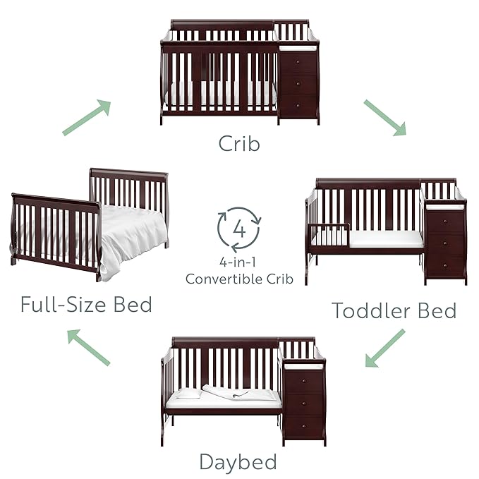 Storkcraft Portofino 5-in-1 Convertible Crib and Changer (Espresso) – Crib and Changing -Table Combo with 3 Drawers, Includes Baby Changing Pad, Converts to Full-Size Bed - LeafyLoom