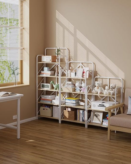 JSB No Assembly Folding Bookshelf, 5 Tier Industrial Metal Book Shelf for Storage, Vintage Wood foldable Bookcase for Living Room, Bedroom, Office Organization Shelves - LeafyLoom