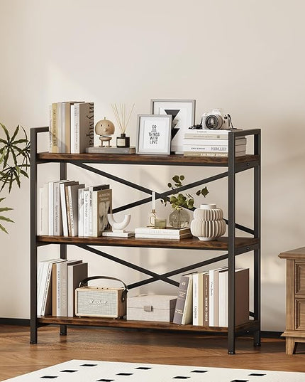3 Tier Bookshelf 31.49" Width, Wood and Metal Etagere Bookcase, Vintage Farmhouse Modern Wooden Big Book Shelf for Home Living Room Bedroom Office Storage(Rustic Brown) - LeafyLoom