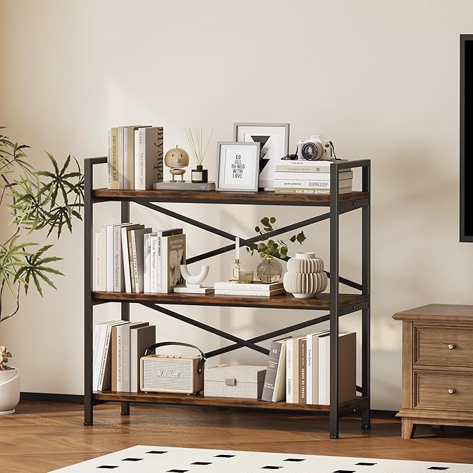 3 Tier Bookshelf 31.49" Width, Wood and Metal Etagere Bookcase, Vintage Farmhouse Modern Wooden Big Book Shelf for Home Living Room Bedroom Office Storage(Rustic Brown) - LeafyLoom