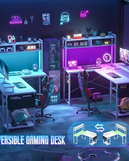Small L Shaped Desk Gaming Desk with Power Outlets, 48" Reversible L Shaped LED Computer Desk with Monitor Stand & Storage Shelf, Corner Gamer Desk Home Office Desk with Storage Bag, White - LeafyLoom