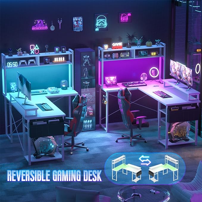 Small L Shaped Desk Gaming Desk with Power Outlets, 48" Reversible L Shaped LED Computer Desk with Monitor Stand & Storage Shelf, Corner Gamer Desk Home Office Desk with Storage Bag, White - LeafyLoom
