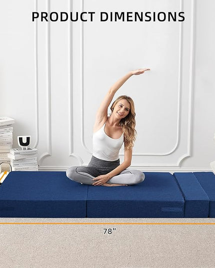 Convertible Folding Sofa Bed - Sleeper Chair with Pillow, Modern Linen Fabric Floor & Futon Couch, Foldable Mattress for Living Room/Dorm/Guest Use/Home Office/Apartment, Full Size, Navy Blue - LeafyLoom