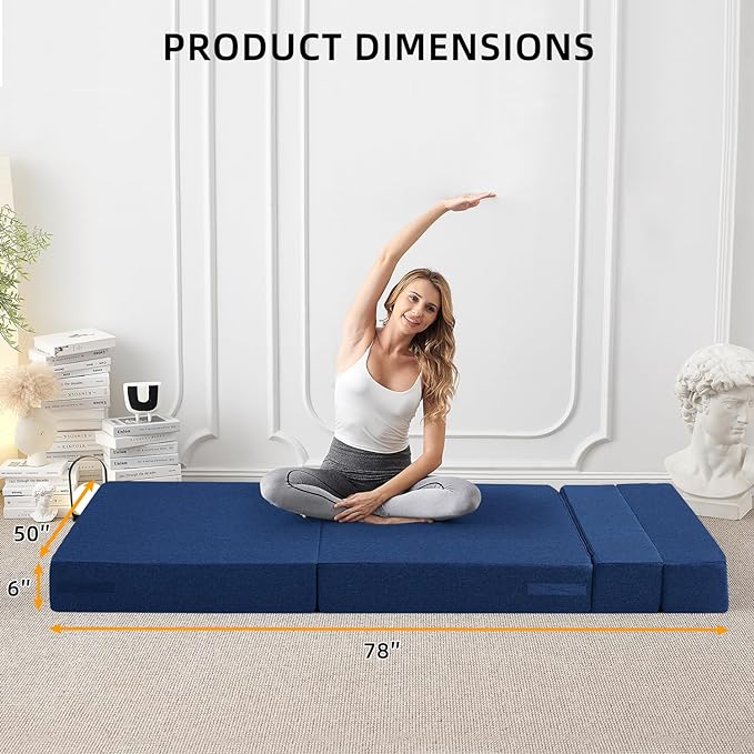 Convertible Folding Sofa Bed - Sleeper Chair with Pillow, Modern Linen Fabric Floor & Futon Couch, Foldable Mattress for Living Room/Dorm/Guest Use/Home Office/Apartment, Full Size, Navy Blue - LeafyLoom