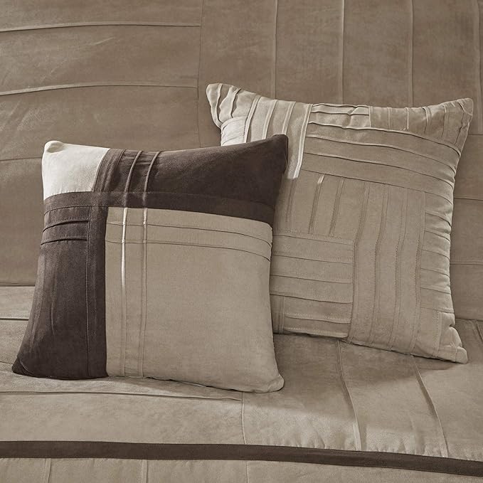Madison Park Cozy Comforter Set Casual Blocks Design All Season, Matching Bed Skirt, Decorative Pillows, Full (82 in x 90 in), Dune Beige/Brown, 7 Piece - LeafyLoom